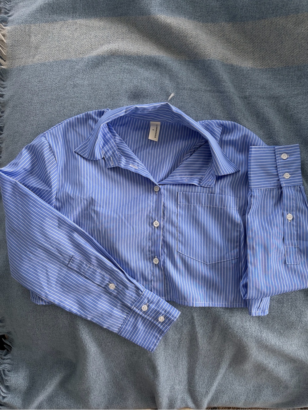 Blue Striped Cropped Button-Up Shirt